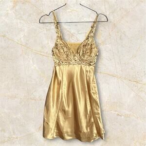 Victoria’s Secret Gold Satin Lace Underwire Chemise Slip Dress Lingerie Medium